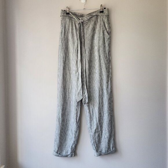 Max Studio Linen Pull On Pants | Women's Small | White Charcoal Gray Stripe NEW - Picture 1 of 8